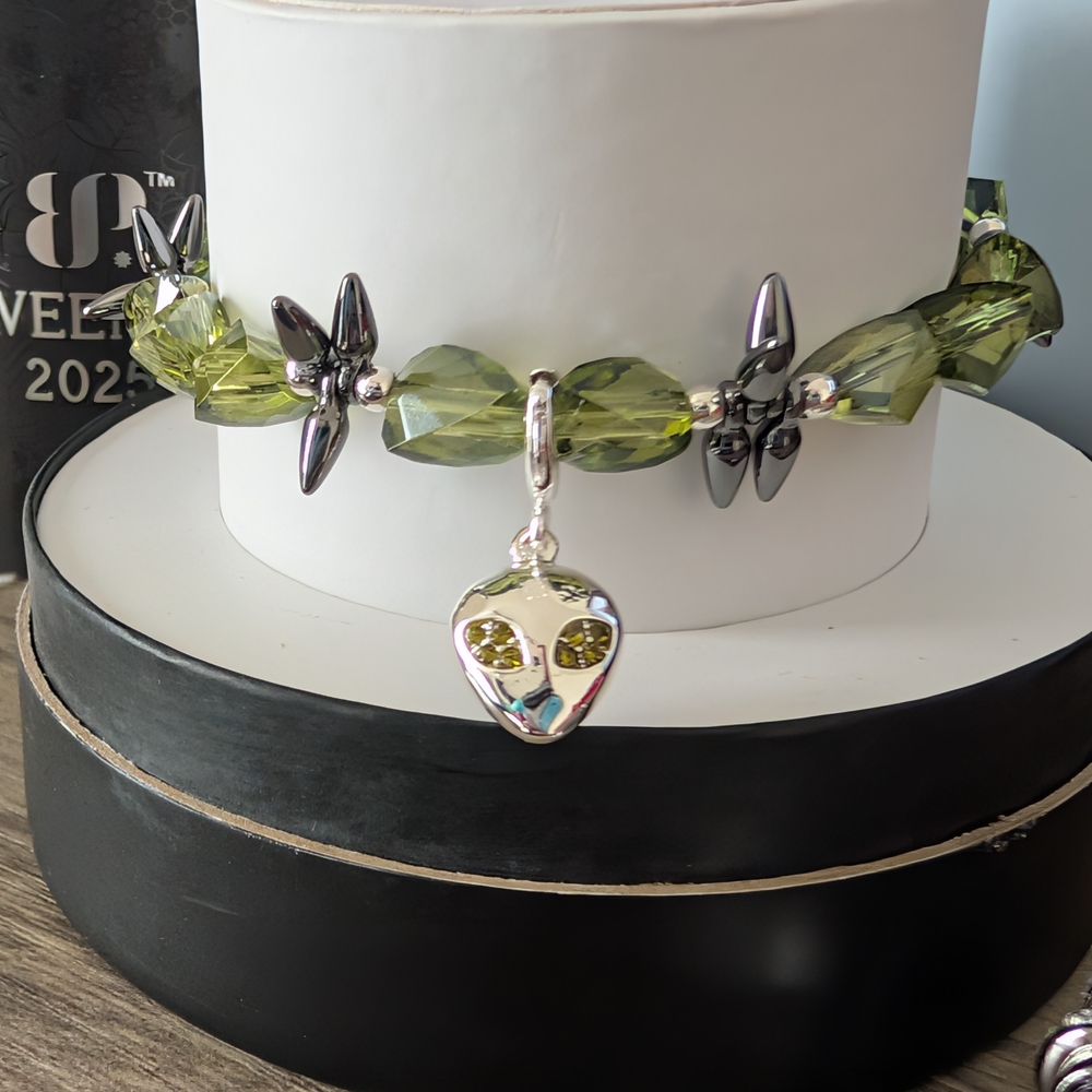 Elegant Green and Silver Alien Charm Bracelet